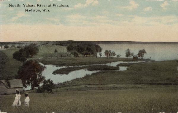 View down hill where grassy fields lead down to the Yahara River where it meets Lake Waubesa. Two children are walking through the grass on the left. Caption reads: "Mouth, Yahara River at Waubesa, Madison, Wis."