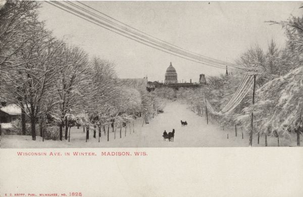 View of Wisconsin Avenue with the Wisconsin State Capitol in the distance. Heavy snow is covering the street, trees, and power lines. Horse-drawn sleighs are in the street. Caption reads: "Wisconsin Ave. in Winter, Madison, Wis."