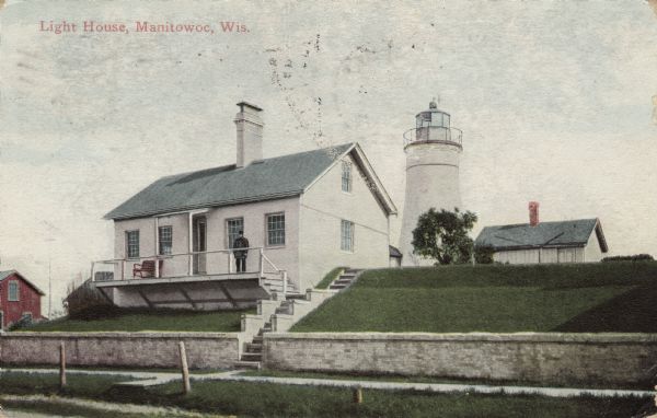 View of a Lake Michigan lighthouse, and a house with a man standing on the porch. Caption reads: "Light House, Manitowoc, Wis."