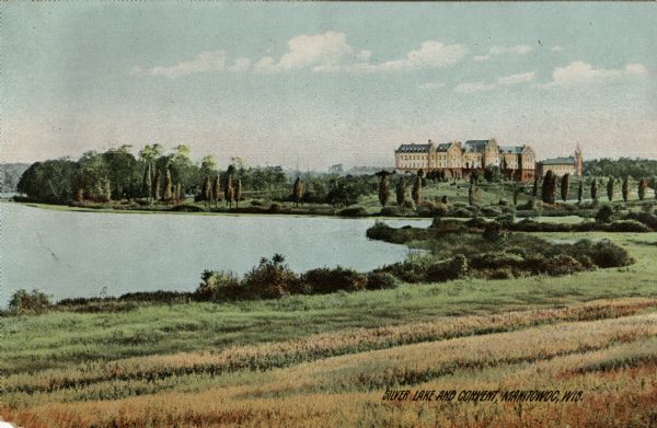 View of one end of Silver Lake. A convent is on a hill across the lake.