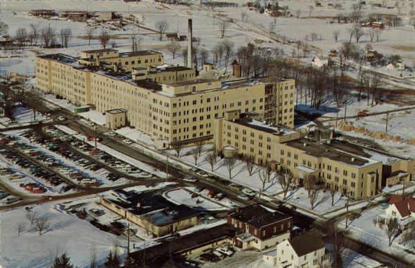 Elevated view of St. Joseph's Hospital, grounds and parking lot.