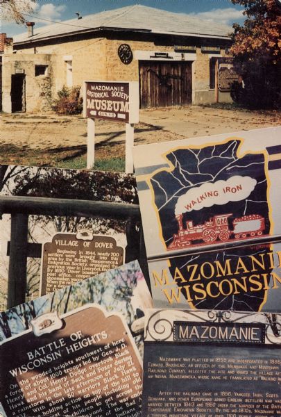 Photo collage of historical markers and the Mazomanie Historical Society Museum.