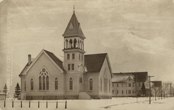 Exterior view of a Lutheran Church in winter. Caption reads: "Lutheran Church, McFarland."