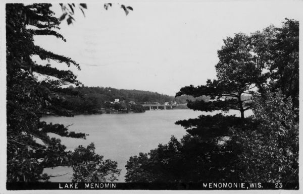 Elevated view between trees of Lake Menomin and a bridge. There are buildings among trees in the distance. Caption reads: "Lake Menomin, Menomonie, Wis."