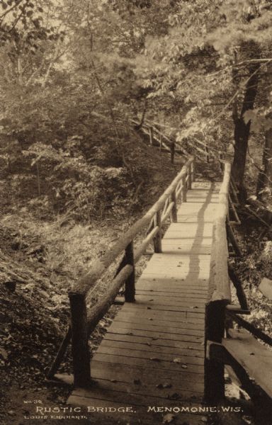 View of a footbridge over a stream in the woods. Caption reads: "Rustic Bridge, Menomonie, Wis."