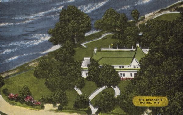 Text on front: "The Breakers, Racine, Wis." A green roofed white lodge on Lake Michigan's lakeshore. Trees, sidewalks, flowers, and lawns surround the lodge.<p>Text on reverse:<br>"The Breaker's<br>Located on the beautiful shores of Lake Michigan<br>Route 32–5 miles north of Racine on Erie Street Rd.<br>23 Miles south of Milwaukee<br>Known for Fine Food–Complete Menu–Cocktails.<br>We cater to Private Parties and Banquets. Open 7<br>Days a Week.<br>Recommended by 'Dining for the Discriminating'<br>Telephone: Dial 2-0161"</br>