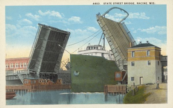 Text on front reads: "State Street Bridge, Racine, Wis." A large ship is traveling under the State Street drawbridge. Buildings and docks are on both sides of the river.