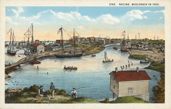 Text on front reads: "Racine, Wisconsin in 1850." Artist's rendering of the view of the harbor with sailing ships, sailboats, rowboats and canoes. The Main Street and 6th Street bridges cross the Root River river as it flows to Lake Michigan. People can be seen fishing, visiting and rowing. A building is perched on the bank in the lower right. Flags and pennants are flying from boat masts. The buildings of the downtown are in the distance. 