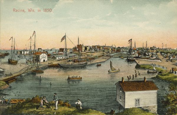 Text on front reads: "Racine, Wis. in 1850." Artist's rendering of the view of the harbor with sailing ships, sailboats, rowboats and canoes. The Main Street and 6th Street bridges cross the Root River river as it flows to Lake Michigan. People are fishing, visiting and rowing. A building is perched on the bank in the lower right. Flags and pennants are flying from boat masts. The buildings of the downtown are in the distance. 