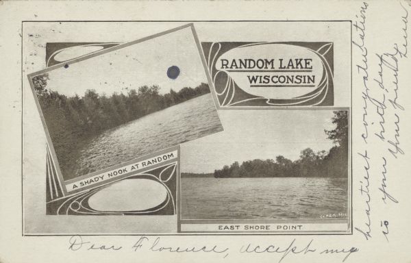 Text on front reads: "Random Lake, Wisconsin," "A Shady Nook on Random" and "East Shore Point." The postcard has design elements and two images of the lake with shorelines and trees.
