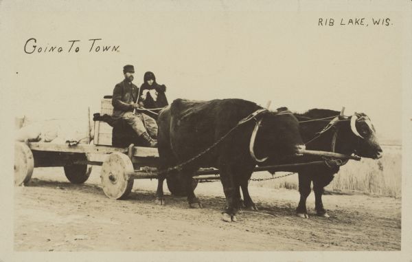 Text on front reads: "Going to Town, Rib Lake, Wis." A farm couple driving their wagon, pulled by two oxen, into town. The wagon has wooden wheels and is loaded with full sacks.