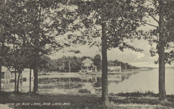 Text on front reads: "View on Rice Lake, Rice Lake, Wis." and "Publ. by F.E. Robinson, Rice Lake, Wis." Houses and boathouses on the shore of Rice Lake through the trees.
