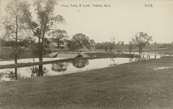 Text on front reads: "Mill Race & Dam, Rome, Wis." The dam that creates Rome Pond on the Bark River. Buildings can be seen on the horizon.