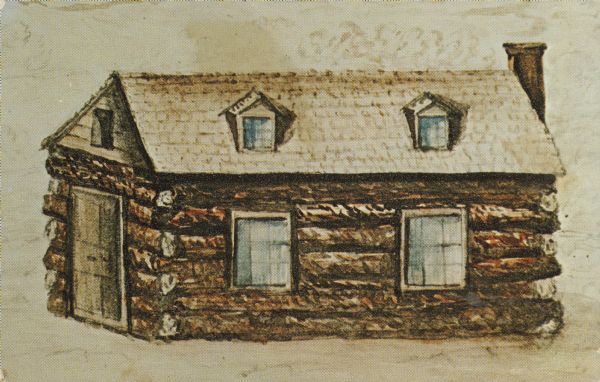 A sketch of a log cabin with dormer windows above. Text on reverse reads: "St. Norbert House. The first Catholic Church in Dane County. In 1846 Father Adelbert Inama built this 18 x 20 foot log cabin church in Roxbury, Wisconsin. From this log cabin, later slightly enlarged, he administered to the spiritual needs of the faithful in the seven surrounding counties."