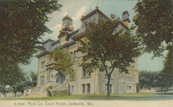 Text on front reads: "Rock Co. Courthouse, Janesville, Wis." This was the second courthouse, completed in 1879. The first burned down in 1847 and the third, current, courthouse was finished in 1955.