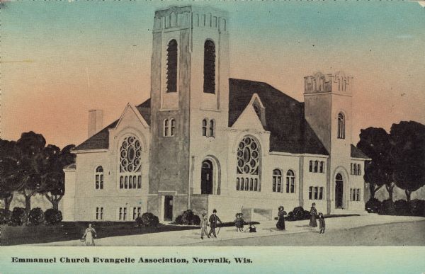 Text on front reads: "Emmanuel Church Evangelic Association, Norwalk, Wis." A large church building with two towers and two circular stained glass windows. Women, men and children are on the sidewalk and trees are in the background.