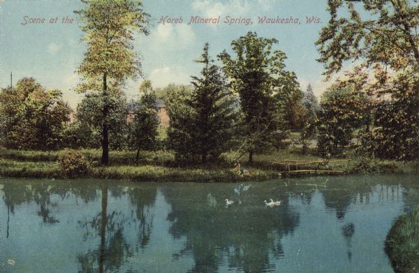 Text on front reads: "Scene at the Horeb Mineral Spring, Waukesha, Wis." A large mineral spring-fed pond in a parklike setting, with many trees. The pond is perfectly calm, reflecting the trees, as waterfowl swim about. Two children are near a bridge on the opposite shoreline. A building is in the background behind trees. Between 1868 and 1918, 60 mineral springs were located here. People would travel here to "enjoy the waters."