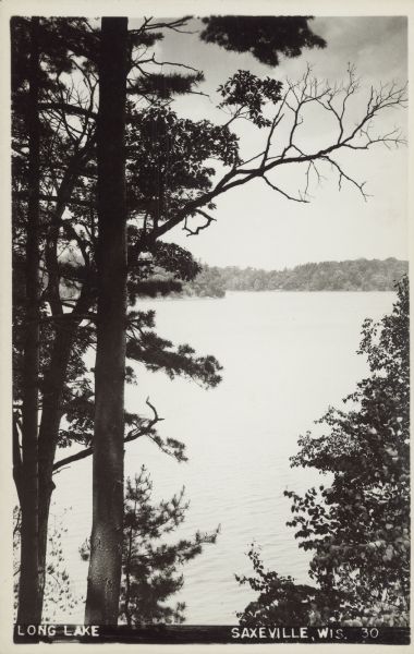 Text on front reads: "Long Lake, Saxeville, Wis." An elevated view of the lake framed by trees. The far shore can be seen in the distance.