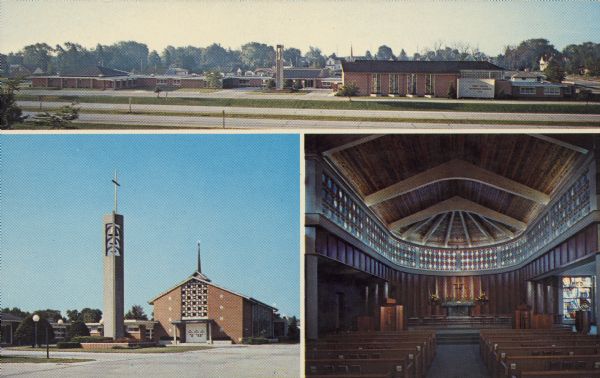 Text on reverse reads: "First United Lutheran Church, 2401 Kohler Memorial Drive, Sheboygan, Wisconsin, 53081." Three views of a Lutheran Church, one panoramic exterior, one exterior and one interior.