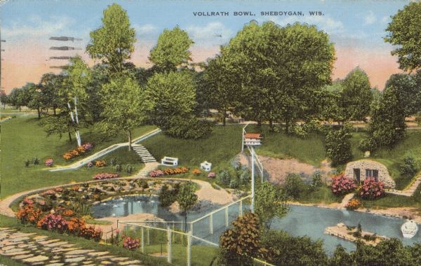 Text on front reads: "Vollrath Bowl, Sheboygan, Wis." The land was donated in 1917 by the Vollrath heirs and the construction of the Vollrath Park Zoo was begun in 1927. On August 23rd, 1931, an impressive ceremony was held to dedicate Vollrath Bowl, attended by 20,000 people. The 45-year-old zoo was closed by the city council in 1976 due to the cost of operation and deterioration.