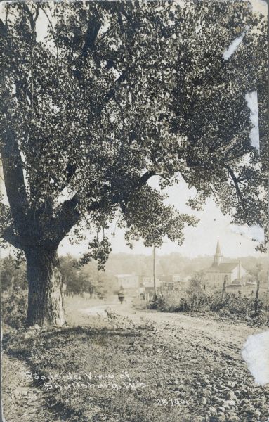 Text on front reads: "Roadside View, Shullsburg, Wis." View of an unpaved road leading into a small town framed by a large tree. A church and other buildings are in the background. 