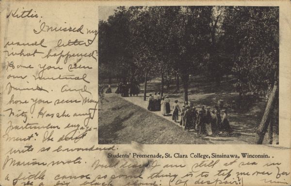 Text on front reads: "Students' Promenade, St. Clara College, Sinsinawa, Winconsin. [sic]" Several groups of students are walking along a wide, tree-shaded sidewalk on the St. Clara College grounds.