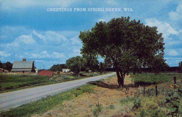 Text on front reads: "Greetings from Spring Green, Wis." A country road curves to the left around a farm. On the right are a tree, fields and a fence with sunflowers.