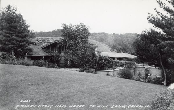 Text on front reads: "Residence Frank Lloyd Wright, Taliesin, Spring Green, Wis." Exterior view of Taliesin, Frank Lloyd Wright's residence and studio. Taliesin is located in the vicinity of Spring Green, Wisconsin.
