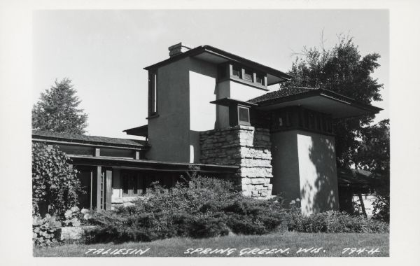 Text on front reads: "Taliesin, Spring Green, Wis." Exterior view of Frank Lloyd Wright's home and studio.