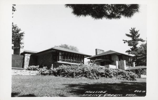 Text on front reads: "Hillside, Spring Green, Wis." The Hillside Home School was designed by Frank Lloyd Wright in 1901 for his aunts, Jane and Ellen Lloyd Jones. It was constructed over the next two years.