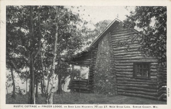 Text on front reads: "Rustic Cottage at Frazier Lodge, on Sand Lake Highways 70 and 27, Near Stone Lake, Sawyer County, Wis." On reverse it reads: "Lodge and cozy mosquito-proof furnished log and frame cabins and free camp site on Big Sand Lake. Muskie, Bass, Pike, Trout Streams, Safe Sand Beach, Boats, Motors, Garages, Finest Drinking Water, Wooded Estate. Tennis, Water Sports, Indian Reservation and Golf near. Courtesy - our motto. Address on opposite side." A log cabin with a stone chimney has a porch overlooking the lake. Trees are on the left.<p>The postcard was written to Governor Rennebohm from Edward Frazer concerning deer hunting. "Dear Governor, We compliment you on the stand you have taken - When you refused to approve the nine-day any-deer season. It seems to me if we are to have an any-deer season - it should be a short season. When in this locality we shall be glad if you would give us a call."