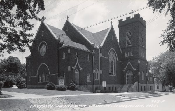 Text on front reads: "Central Lutheran Church, Stoughton, Wis." From the Wisconsin Historical Society Property Record,"Covenant Lutheran Church, built in 1914 of brick in the Gothic Revival style. Demolished for a Police Station." A new church was built and is still active today.