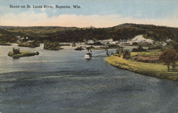 Text on front reads: "Scene on St. Louis River, Superior, Wis." Elevated view of the St. Louis River emptying into an fresh water estuary on its way to Lake Superior between Superior, Wisconsin, and Duluth, Minnesota. Buildings of a community can be seen on the shoreline and a large boat is on the river. There are many islands, and tree-covered hills and bluffs are on the horizon. 
