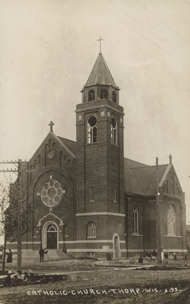 Caption reads: "Catholic Church, Thorp, Wis." St. Bernard Catholic Church is a brick church built in 1914. In 1974 the parish was combined with St. Hedwig and today they are St. Bernard-St. Hedwig parish.