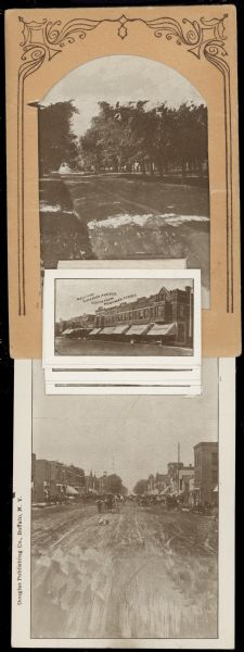 Text on reverse reads: "Multiple View Card, Souvenir of Tomah." The smaller images, which flip when the card on top is pulled, include: Congregational Church, Baptist Church, Episcopal Church, Catholic Church & Parsonage, M. E. Church, German Lutheran Church, Dining Hall at Government Indian School, High School, C. M. & St. P. Ry. Co. Iron Foundry, and West Side Superior Avenue South from Monowan Street.