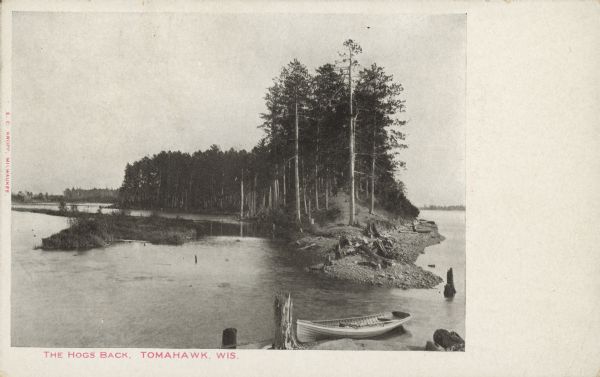 Text on front reads: "The Hogs Back, Tomahawk, Wis." The Hogs Back is a tree covered peninsula on Lake Mohawksin, also the former name of Bradley Park. A rowboat is beached in the foreground. Tomahawk is located on the Wisconsin River, and is bordered by Lake Mohawksin on the North and West.