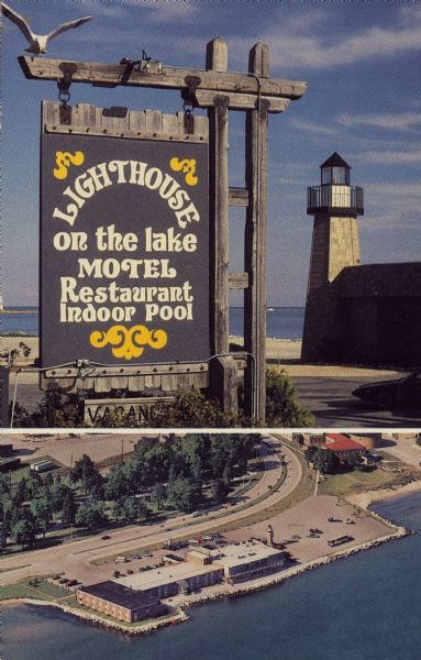 Text on sign reads: "Lighthouse on the Lake, Motel, Restaurant, Indoor Pool." On reverse: "Lighthouse Inn on the Lake. Highway 42, 1515 Memorial Drive, Two Rivers, WI 54241, Phone 414-793-4524. Motel and Restaurant at the heart of Wisconsin's scenic lakeshore area. Two Rivers is famous for exciting fresh water fishing and year-round outdoor sporting. Simply delicious food served 20 feet from Lake Michigan, Gull's Nest Lounge, luxurious rooms, indoor pool, Jacuzzi and sauna. Owned and operated by the Van Lanen Family." The Hotel and Restaurant opened in 1973.