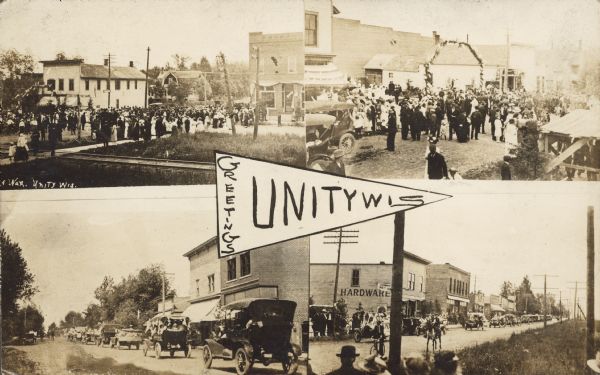 Text on front reads: "Greetings, Unity, Wis." A collage of 4 postcards with views of parades and celebrations in the downtown area.
