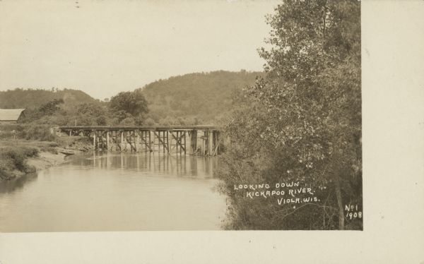 Text on front reads: "Looking Down Kickapoo River, Viola, Wis." A railroad bridge on the Kickapoo River. A barn is on the left, trees are along the shoreline on the right. Wooded hills are in the background.