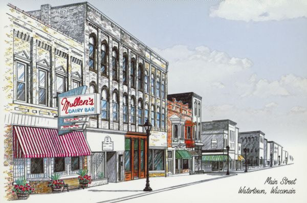 Text on front reads: "Main Street, Watertown, Wisconsin." On the reverse: "Front: A present day view of Main Street in downtown Watertown, Wisconsin, sketched by Sandra Pirkel. Back: Children's Day in Watertown, Wisconsin, circa 1900." A color drawing of Main Street with "Mullen's Dairy Bar" on the left. On the reverse is a ghosted image of Children's Day.