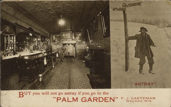 Text on front reads: "But you will not go astray if you go to the 'Palm Garden. F.J. Gaetzman, Wausau, Wis." A photo postcard with two images. On the left is a man in a suit, posing in a tavern with his elbow on the bar. The interior has a high, pressed tin ceiling, ornate back bar, spittoons and a piano. On the right is a painting of a man, shabbily dressed, leaning on a signpost in the snow. He is holding a violin and bow under his arm. The signpost reads: "Mansville, ? Miles" and "Menominee, ? Miles." The word "ASTRAY" is at the foot of the image. All the text is letterpress imprinted on the postcard in red ink.