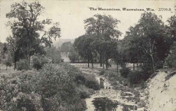 Text on the front reads: "The Menominee, Wauwatosa, Wis." The Menominee River flowing through a park-like area. The right bank appears eroded, the left bank is covered with foliage. Trees, a fence and lawn are in the background.