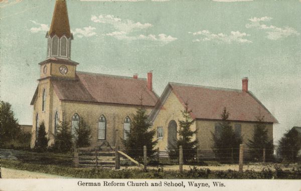 Text on front reads: "German Reform Church and School, Wayne, Wis." A Gothic Revival style church and school built of Cream Brick in 1878. Still in existence today, the church is named the Salem United Church of Christ.
