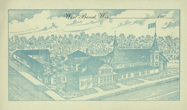 Text on front reads: "West Bend, Wis.,_______190___" with space for the date. An engraving of the Enger-Kress Pocket Book Company printed in blue ink. Originally a resort, this building was acquired by Enger-Kress Pocket Book Co. in 1902, where they manufactured handbags, wallets, coin purses and key holders. The two-story building has several towers and is surrounded by trees. In 1911 the building burned down, including all of the inventory. It was replaced by a brick building that was used until 1998. The company was dissolved in 2006.