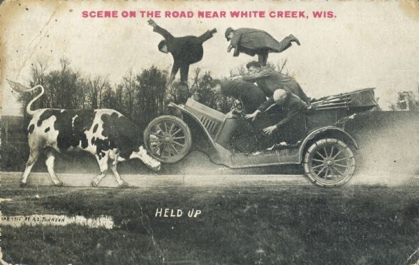 Text on front reads: "Scene on the Road Near White Creek, Wis." and at the bottom: "Held Up". Photomontage of a cow, an automobile and five men. The automobile has hit the cow and some of the men are flying into the air. Trees are in the background.