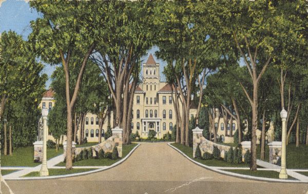 Text on reverse reads: "College Entrance, State Teachers College, Whitewater, Wis." Simplified illustration, based on a photograph, of "Old Main" on the Whitewater Campus, and some elements of the architecture on the tower are missing. A street with stone gates, lampposts and trees leads to the entrance. This building was built in 1868 and destroyed in a fire in 1970.