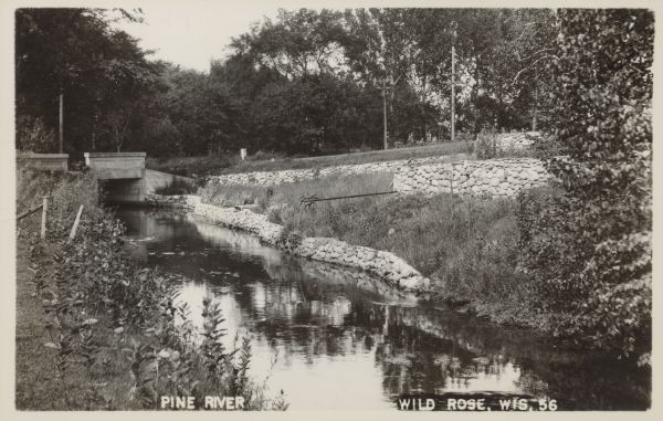 Text on front reads: "Pine River, Wild Rose, Wis." View along left side of a riverbank towards a bridge, with a stone wall along the right bank. Another stone wall is above the riverbank running parallel to the road in a grassy area surrounded by trees.