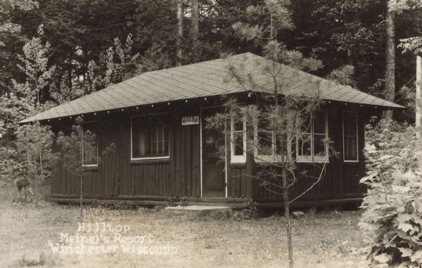 Text on front reads: "Hilltop, Meinel's Resort, Winchester, Wisconsin." A stamp on the reverse reads: "Timberlane Lodge, 'Formerly Meinel's Resort,' Winchester, Wisconsin, 'Vilas County.'" A cabin sided with vertical logs at a resort in Northern Wisconsin, surrounded by trees. The sign by the door reads: "Hilltop."