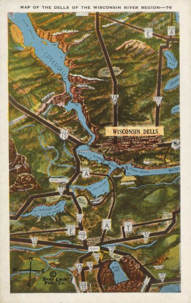 Text on front reads: "Map of the Dells of the Wisconsin River Region." On reverse: "All the world knows of the Wisconsin Dells. Many noted travelers have proclaimed it one of America's greatest attractions. There is nothing like it in America and it stands by itself as different from all other of nature's beauty spots." An illustrated map of the Wisconsin Dells region from Devil's Lake in the south to the upper Dells in the North. The communities, roads, terrain and many attractions are labeled.