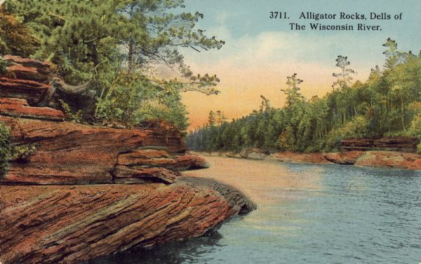 Text on front reads: "Alligator Rocks, Dells of The Wisconsin River." Rock formations that resemble alligators on the shores of the tree-lined Wisconsin River.